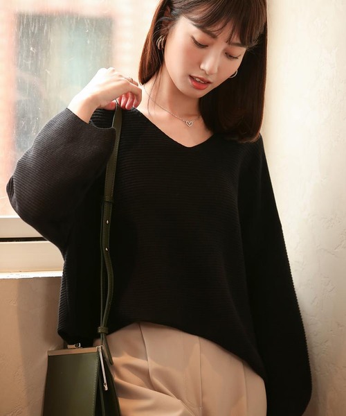 横リブVネックボリュームニットプルオーバー