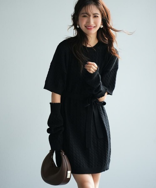 アームウォーマー付き2wayニットミニワンピース