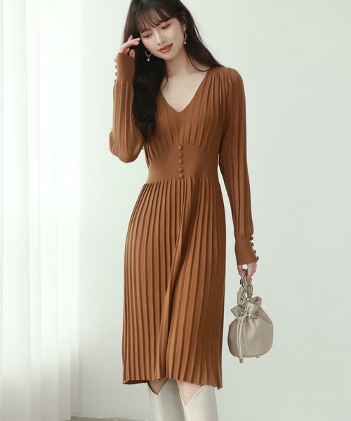 ハイウエスト切り替えプリーツニットワンピース