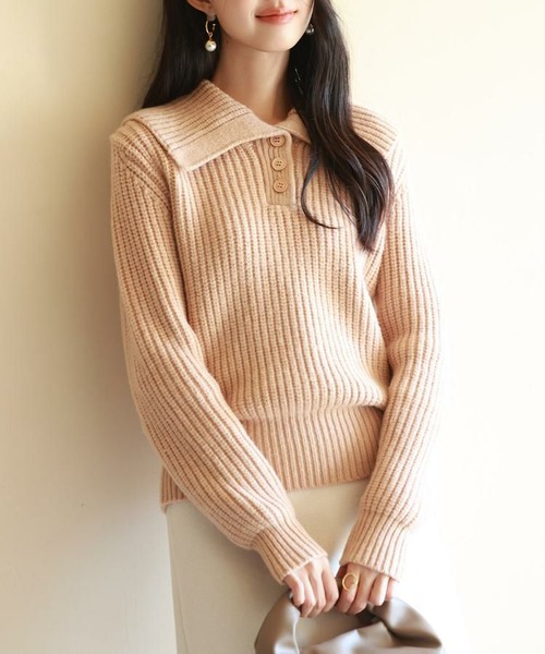 折り返し襟厚手ニットプルオーバー