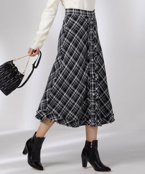 タータンチェック柄ツイードフレアスカート