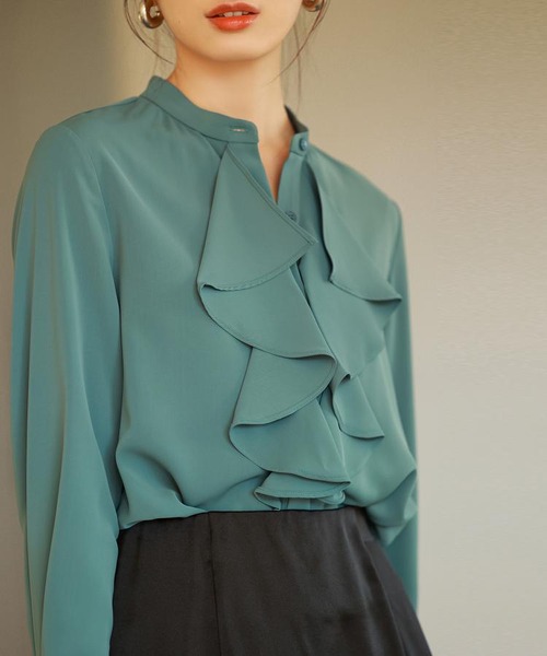 フロントフリルスタンドカラーシフォンブラウス