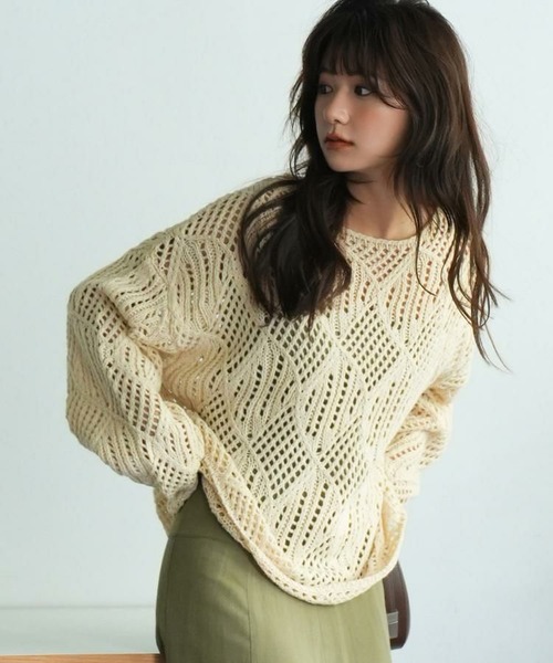 透かし編みドロップショルダーニットプルオーバー