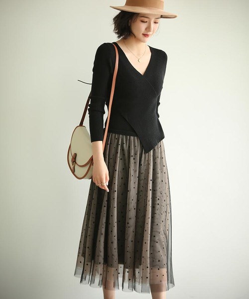 カシュクールニット×チュールスカートドッキングワンピース