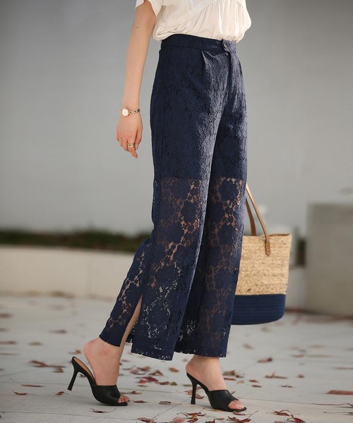 総レースサイドスリット入りワイドパンツ