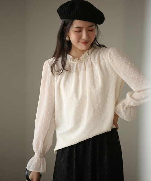 ドット柄スタンドカラーシフォンブラウス