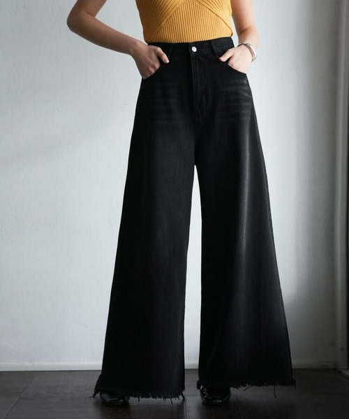 ハイライズフリンジ裾ワイドデニムパンツ