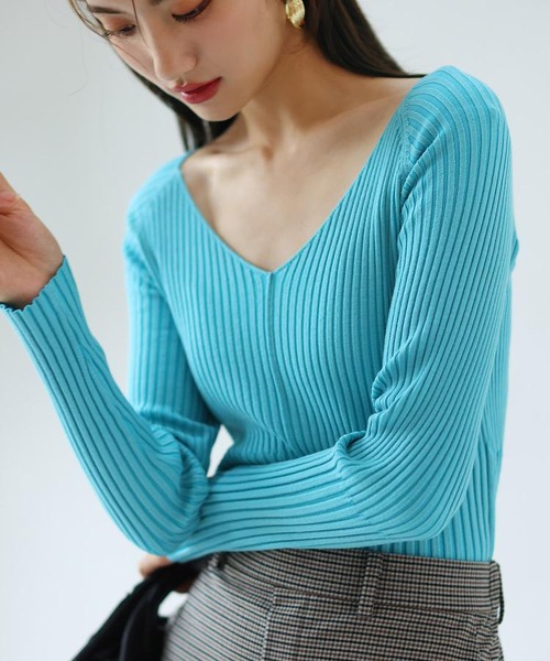 リブ編みVネックニットプルオーバー