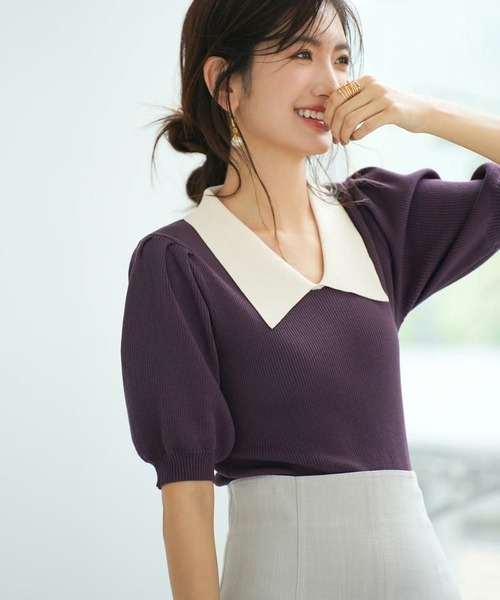 配色カラー二の腕カバーパフスリーブニットプルオーバー