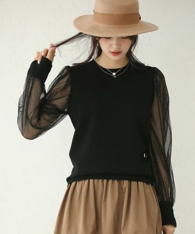 チュール切り替えパフスリーブニットプルオーバー