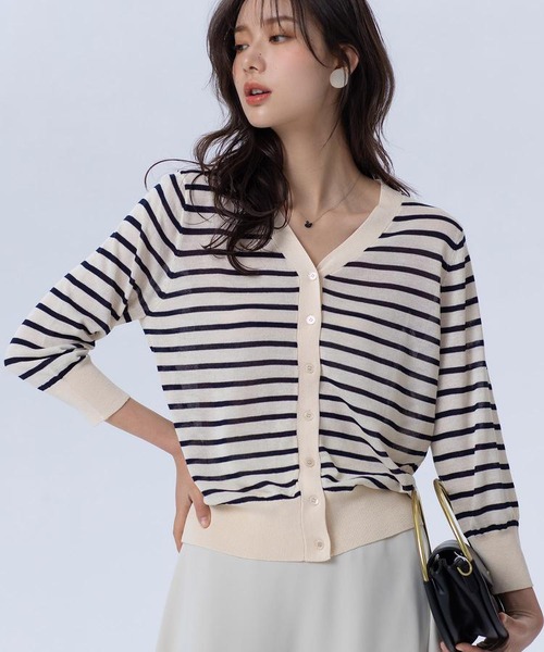 バイカラーボーダーVネックサマーニットカーディガン