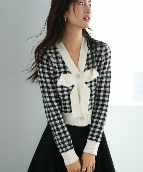 フロントリボンギンガムチェックニットプルオーバー