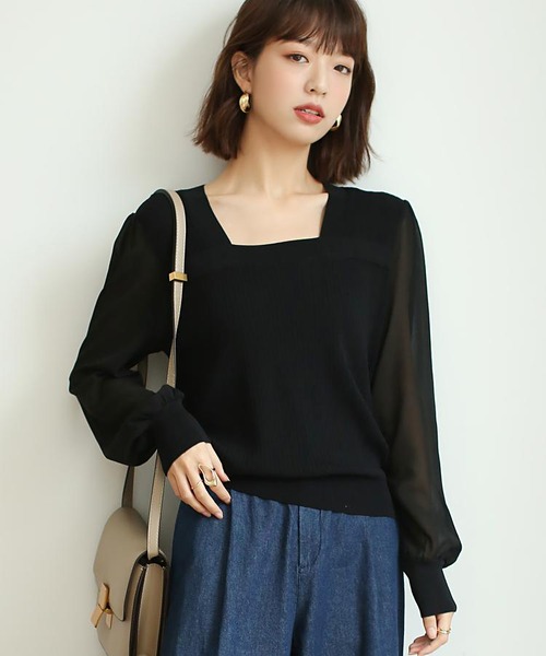 スクエアネックシアー切り替えリブニットプルオーバー