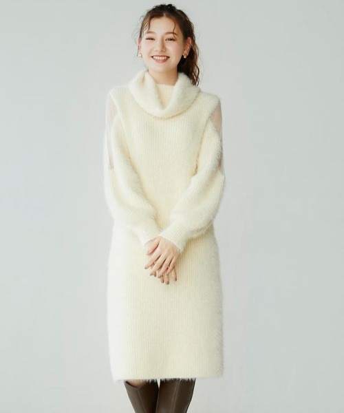 チュール切替オフタートルニットワンピース