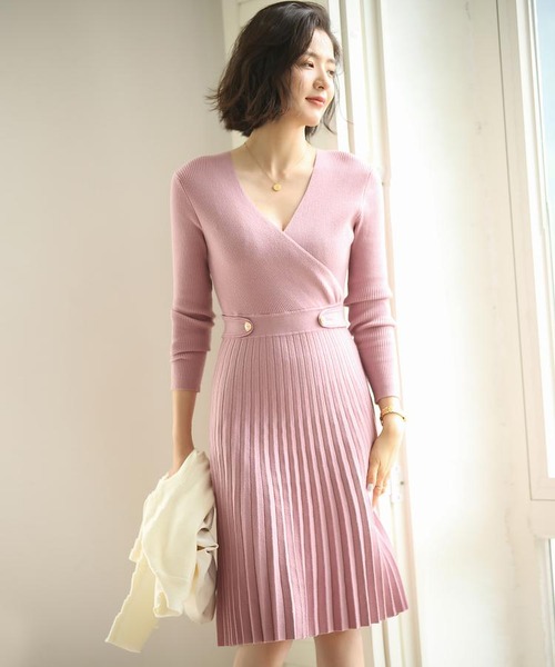 ウエストタブベルトカシュクールニットワンピース
