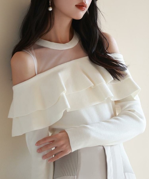 チュールニットドッキングフリルプルオーバー