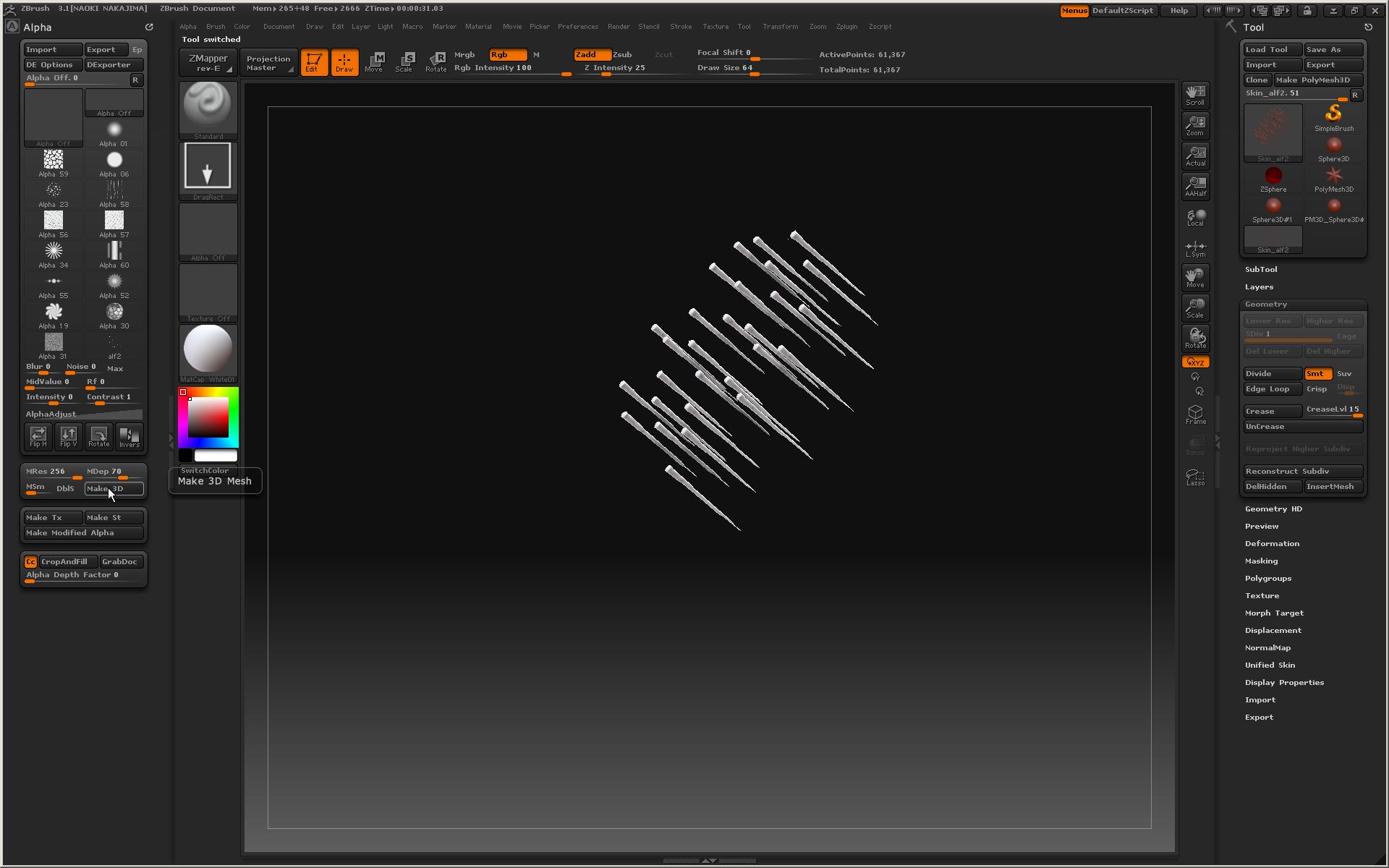 Zbrush でポリゴンヘアー 3dcg 私的メモ