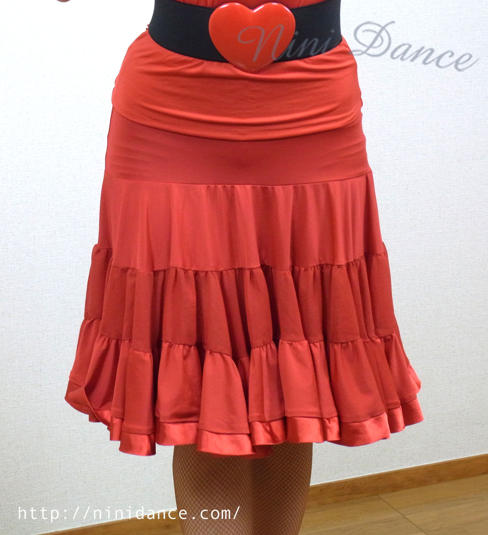 社交ダンスウェアNiniDance:LC024トップス・フレアスカート・ベルトの赤3点セット
