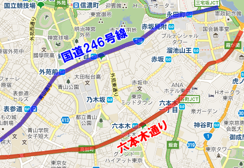 六本木通りと国道 246 号線の都心部全体図