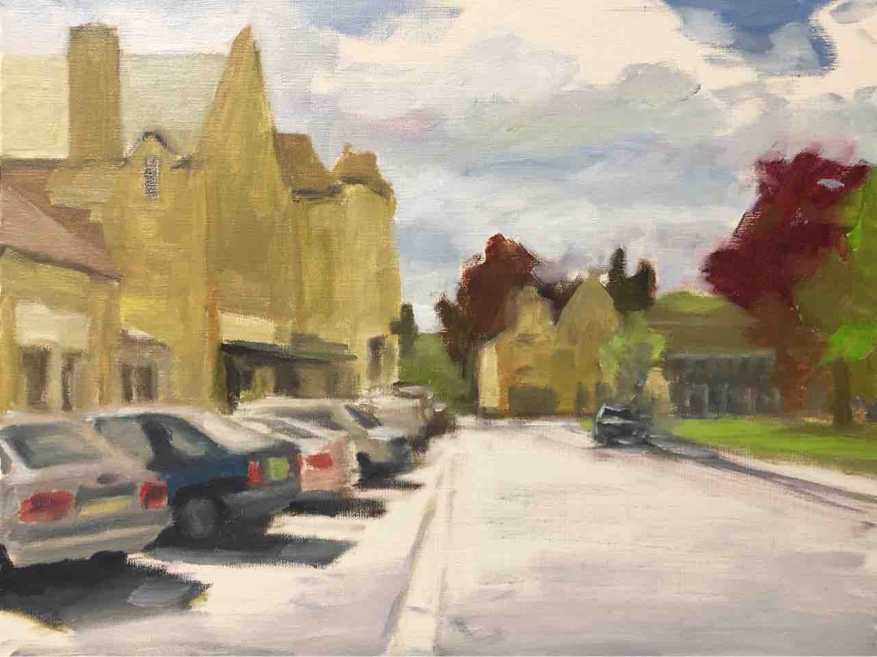 「古風な街灯の立つ街並み」水彩画・風景画・イギリス・コッツウォルズ 古風な街灯の立つ街並み」水彩画・風景画・イギリス・コッツウォルズ