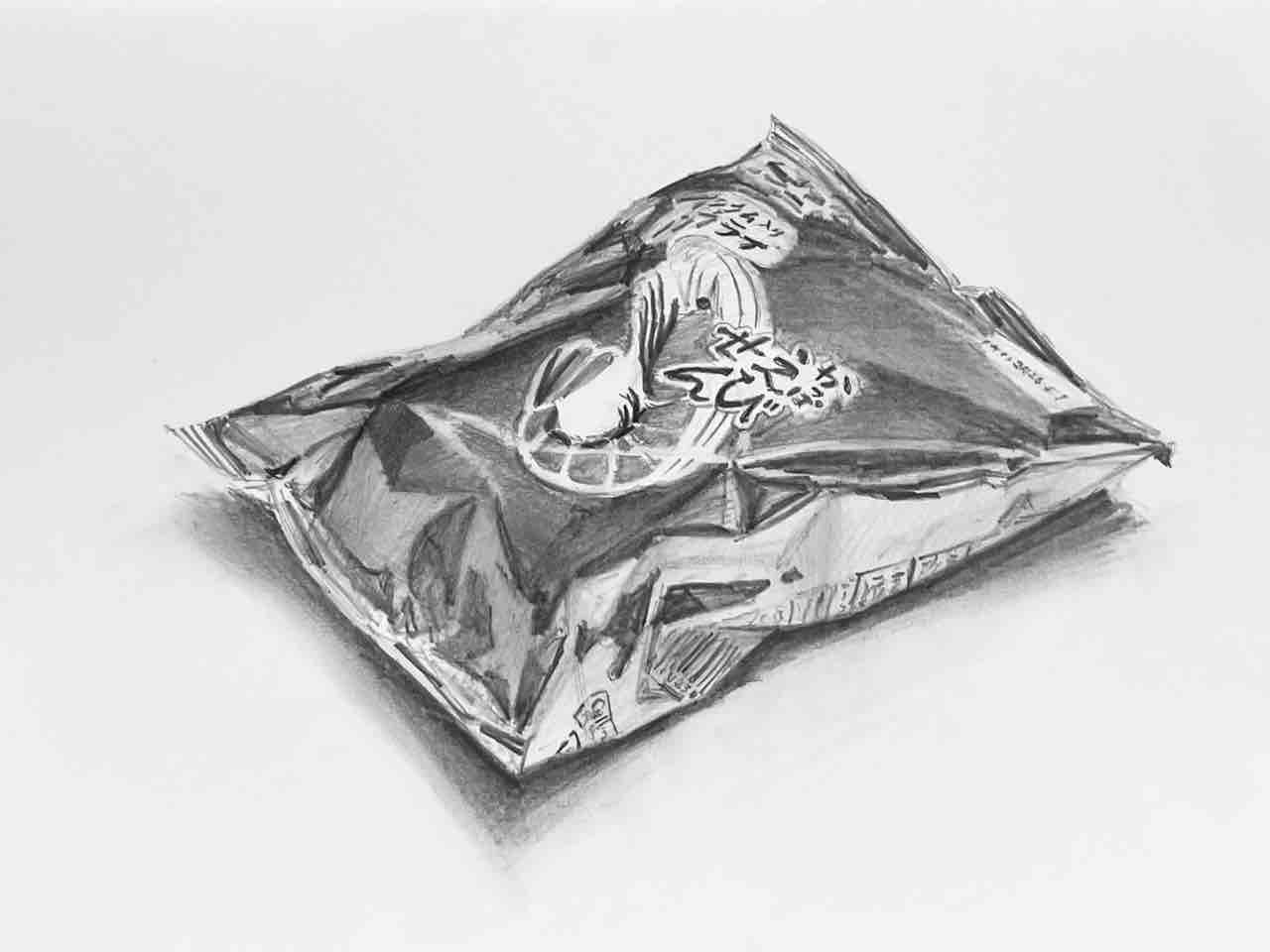 モノトーンパッケージのかっぱえびせん 鉛筆でデッサンしました : 西滝