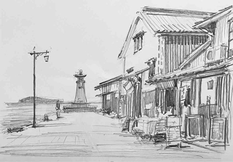 灯台 素描原画 鉛筆デッサン 額装 風景画 モノクロ作品 インテリア#416-1 1点透視の風景画 : 西滝直人 アトリエ日記