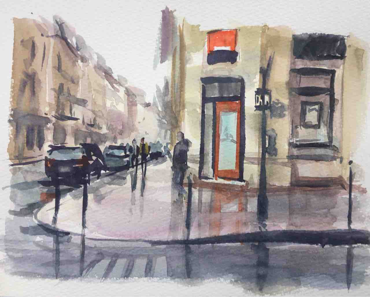 水彩画　　街角に立つ女性 水彩画】透明水彩で街角の風景画を描く| メイキング|寺本和純