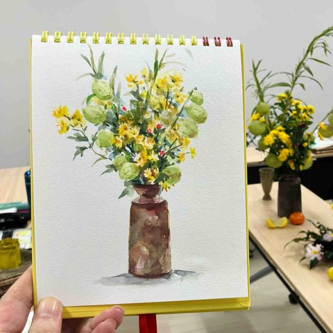 フウセントウワタと菊 水彩で描きました : 西滝直人 アトリエ日記