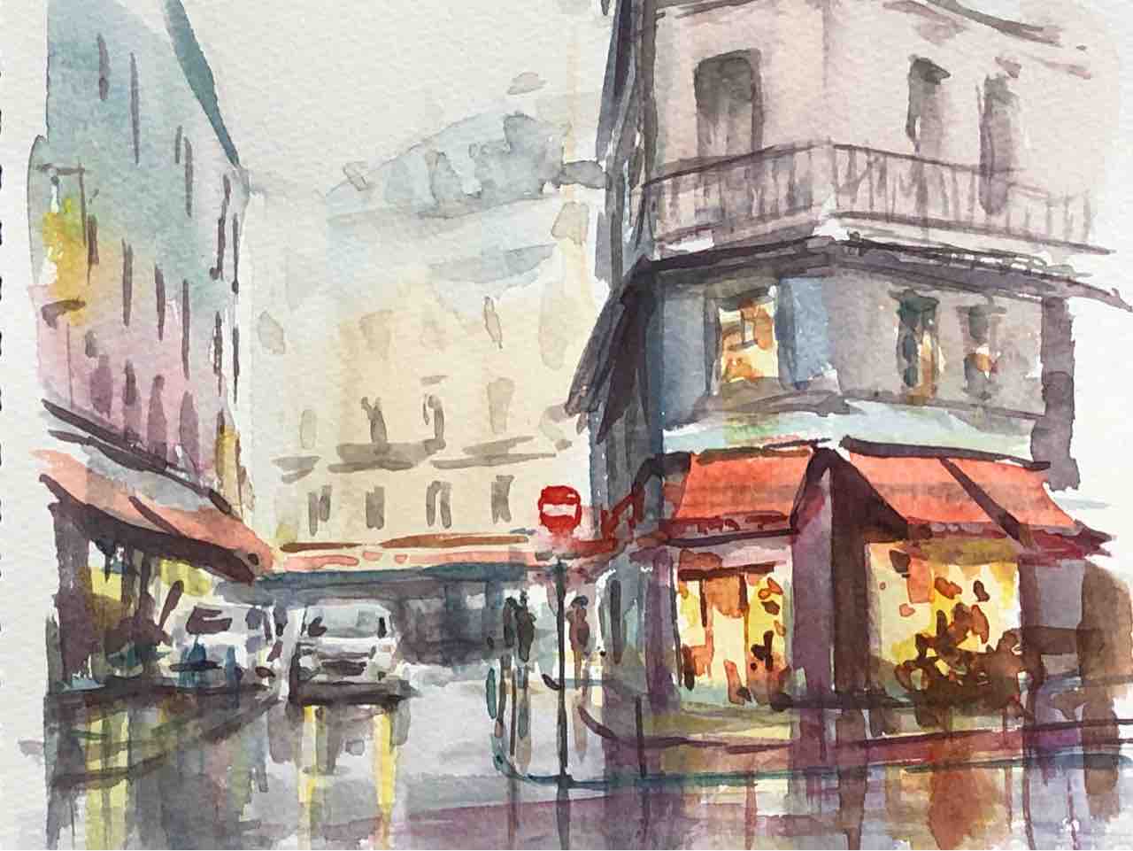 もも手描き水彩画 雨上がりの街並み 値段は※900円です