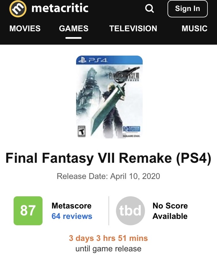 【悲報】「FF7リメイク」さん、メタスコア87点でオリジナル以下www