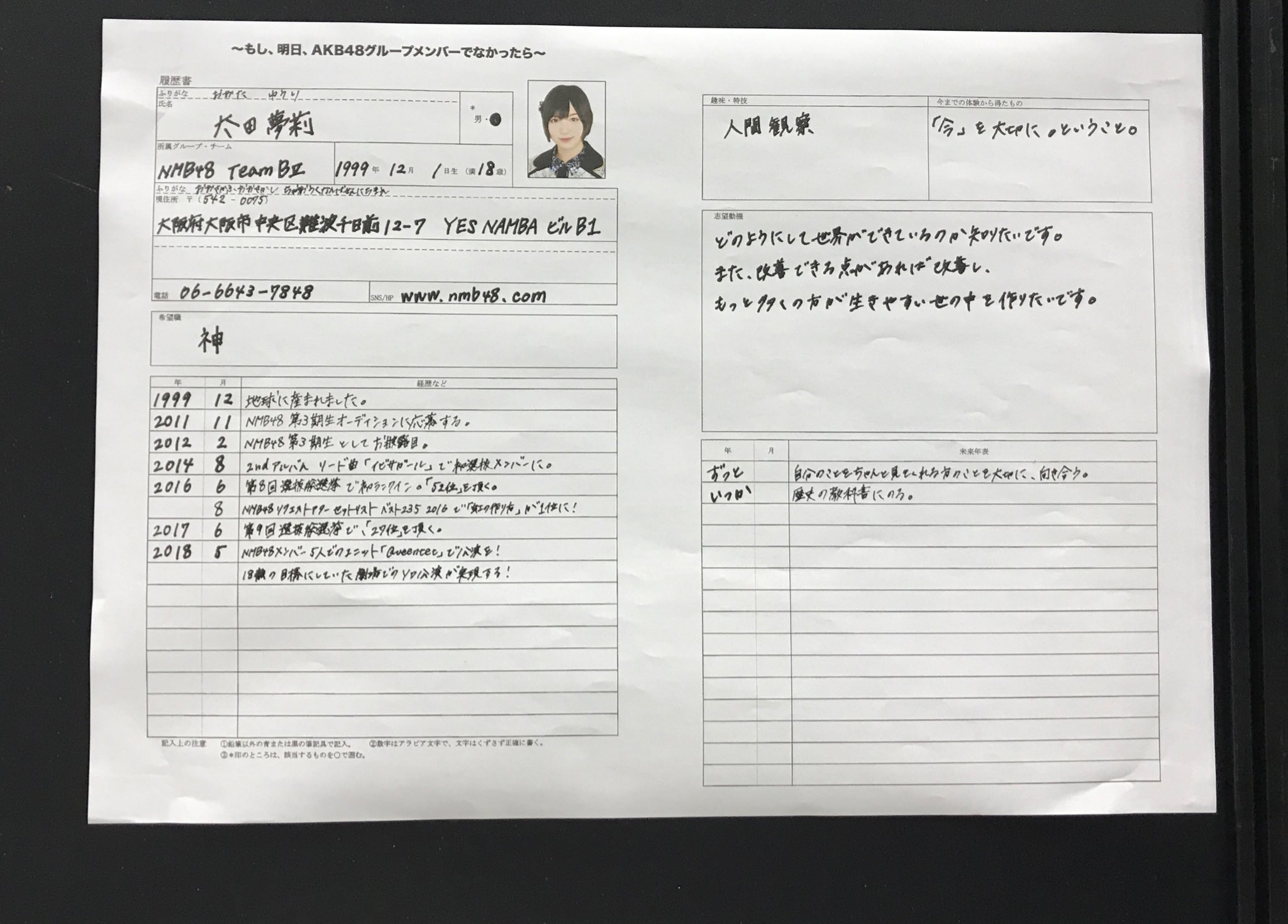 Nmb48 メンバーが書いた履歴書が面白い Nmb48まとめスピリッツ