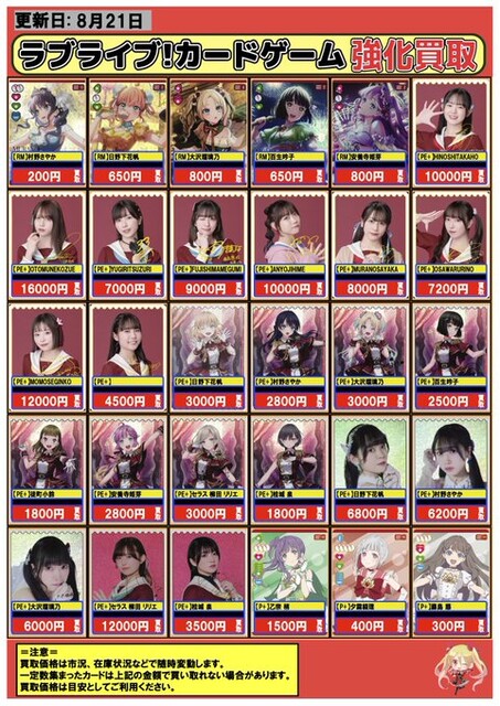 【ラブライブ】声優顔面カードバトルの買取価格表