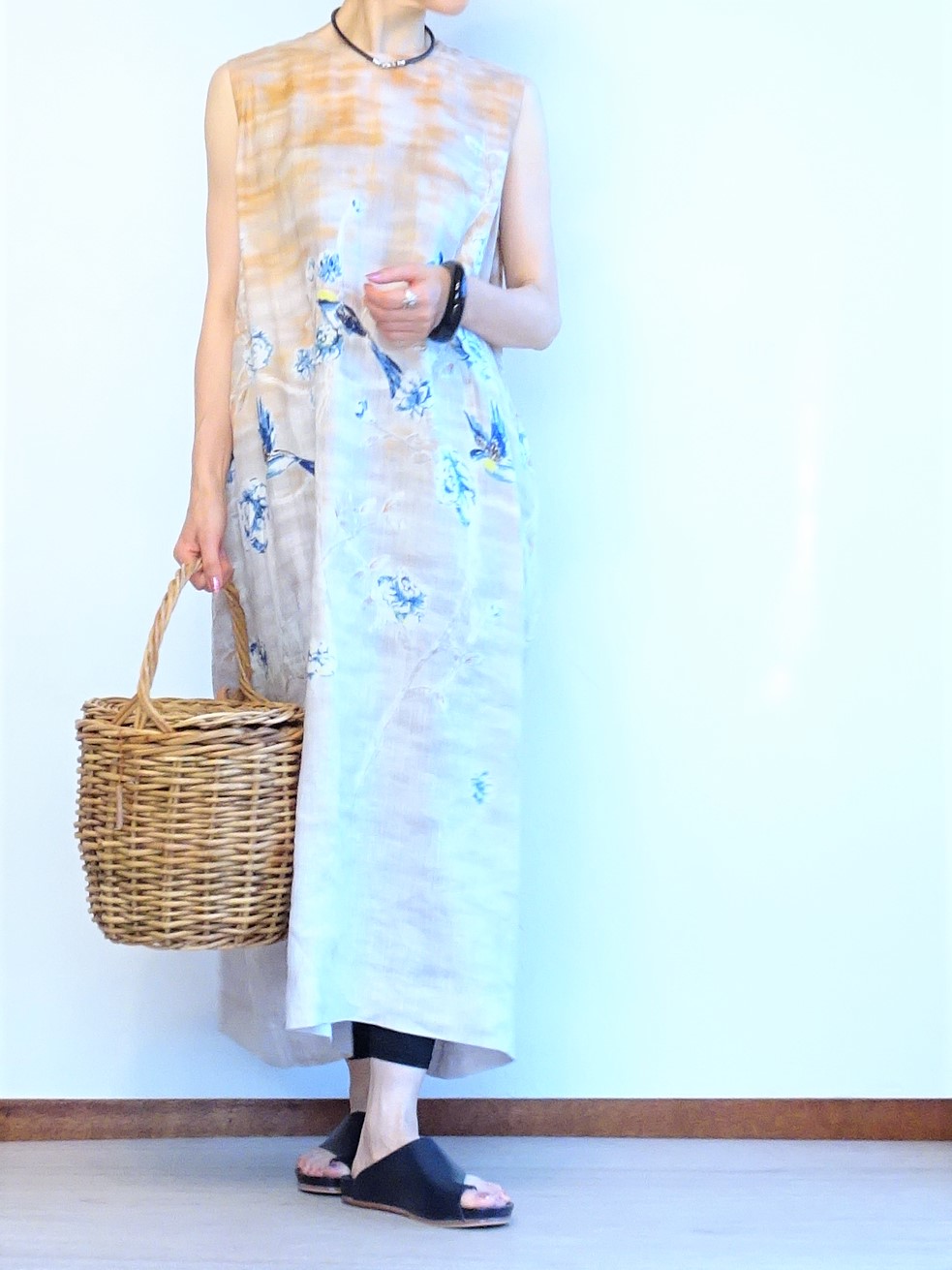 リネンのあさやけプリント 鳥柄ワンピース Na２eye 旧