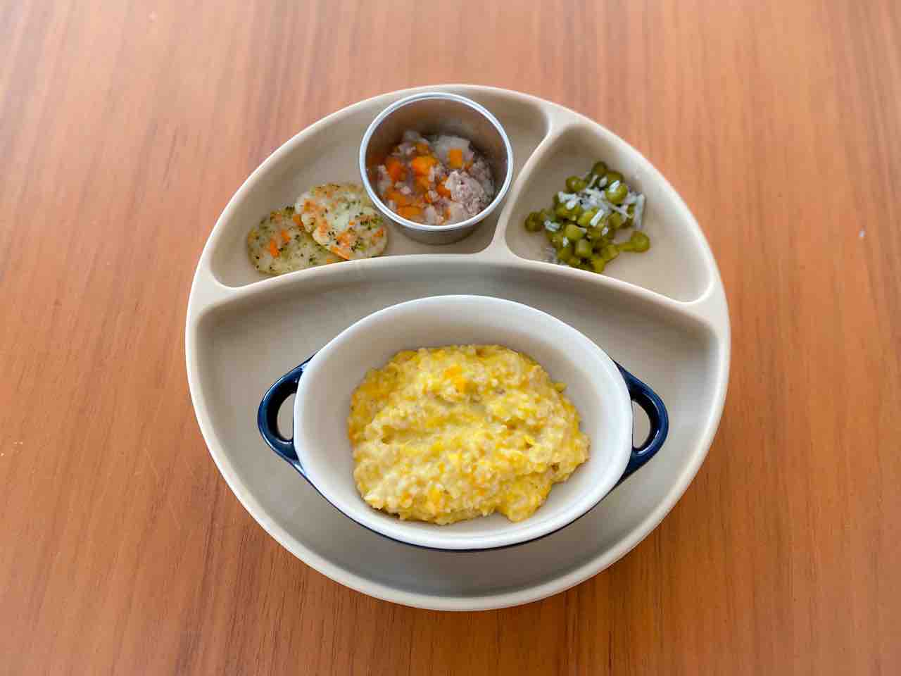レシピ 献立 モグモグ期 かぼちゃ豆腐のミルクオートミール粥 のんすけ おちびのおいしいくらし 離乳食 幼児食
