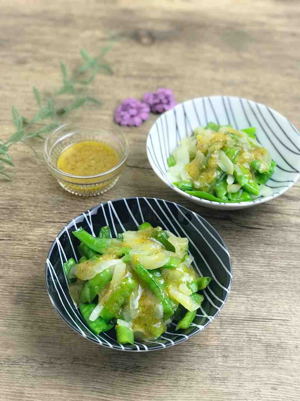 レシピ 絹さやと玉ねぎの洋風辛子酢味噌がけ のんすけのおいしいくらしと簡単オシャレシピ