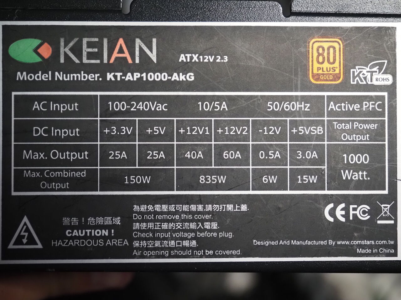 動物電源 KEIAN Elephant-MAX GOLD 1000W KT-AP1000-AKG の腑分け/分解