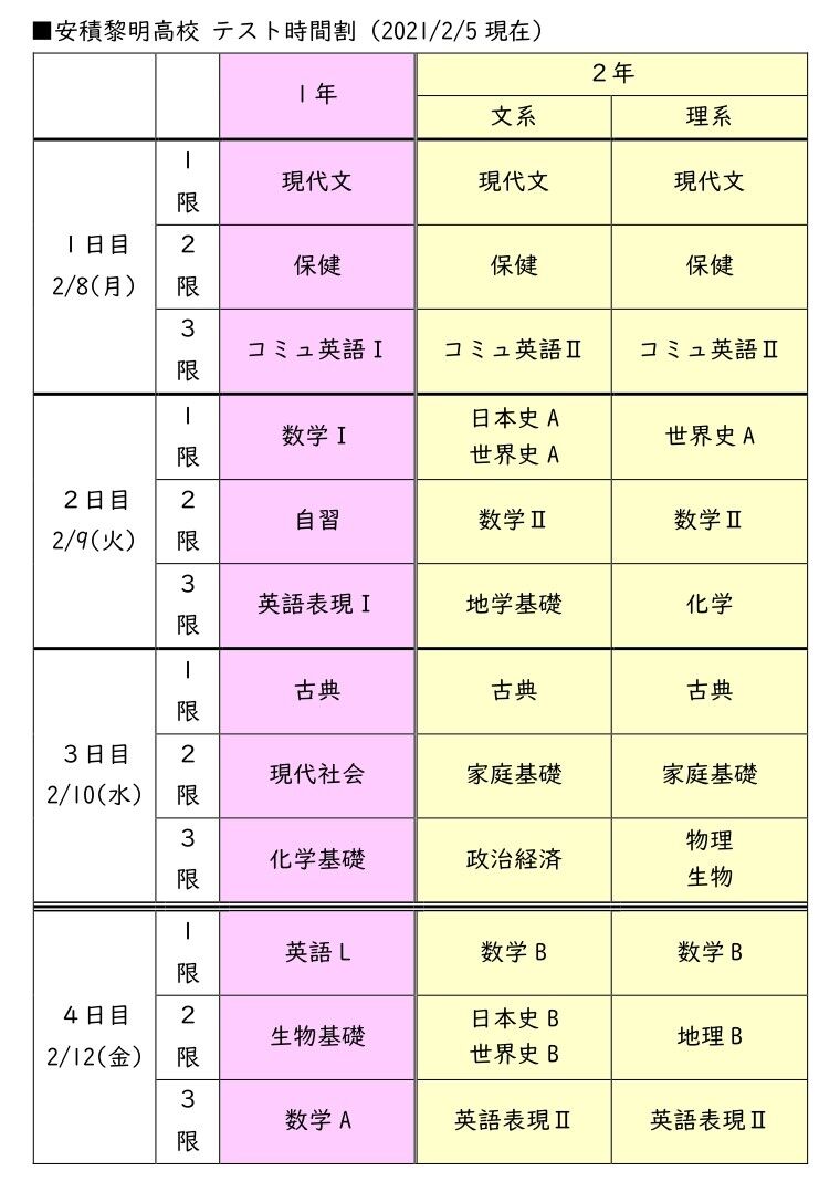 安積黎明高校の学年末考査迫る 安積黎明高校 テスト時間割 全学年 掲載 Nsgアカデミー 東進衛星予備校 郡山 ブログ 安積黎明高校の学年末考査迫る 安積黎明高校 テスト時間割 全学年 掲載 Nsgアカデミー 東進衛星予備校 郡山 ブログ