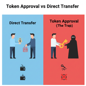 HashPort Walletの詐欺NFT対策：通常の「送金」と危険な「トークン承認（Approve/署名）」の違いを比較したインフォグラフィック。左側（青）は現金を手渡す安全な送金イメージ、右側（赤）は怪しい人物に鍵と実印を預けてしまう危険な承認操作（トラップ）を視覚的に解説。