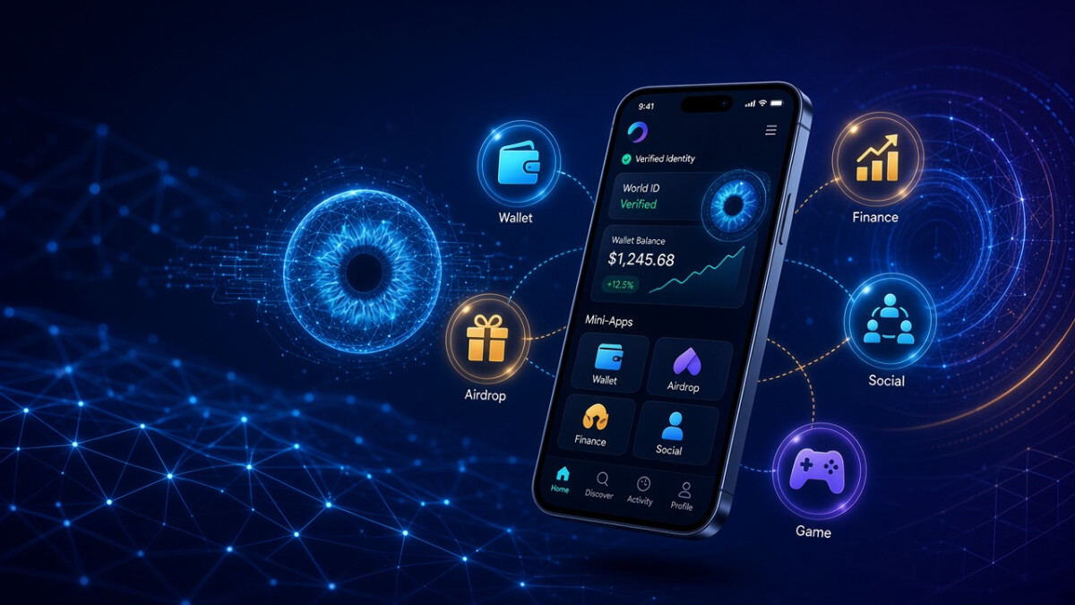 World Chainのミニアプリエコシステムを示すイメージ｜World IDによる人間証明とWallet・Airdrop・Finance・Social・Gameの主要カテゴリ