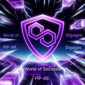 Polygon (POL) の公式ロゴを中央に配置した未来的なデジタルアート。紫色のネオン輝く盾型エンブレムが稲妻とスピードラインに囲まれ、高速感あふれるサイバーパンクスタイル。背景に紫の山岳風景と光のストリーム。「World of Seconds」「PIP-86」「Gigagas」のテキストが配置され、PolygonのGigagasロードマップと1秒ブロックタイムへの挑戦を象徴したスクエアアート。
