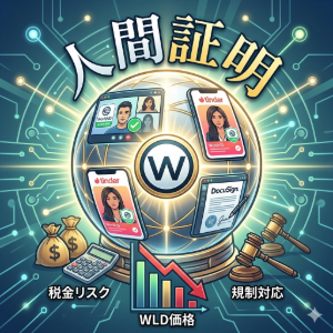 Worldcoin（WLD）の人間証明をテーマにしたデジタルアート。中央に輝くOrb（オーブ）が配置され、Zoomのビデオ通話、Tinderの本人確認、DocuSignの電子署名といった実用例がスマートフォンとPC画面で描かれている。下部には下落するWLD価格のグラフと「税金リスク」「規制対応」のアイコンが配置され、2026年4月現在の技術成長と市場価格の逆行を表現している。