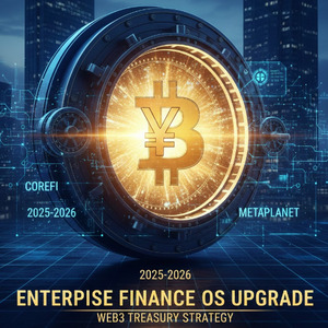 ビットコイントレジャリー戦略の未来。デジタル金庫が開かれ、BTCと円マークが融合した光が溢れる。CoreFi、Metaplanet、2025-2026予測を示すホログラム。企業財務OSの次世代Web3アップデートを象徴する画像。