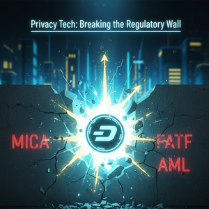 Zcash_Dash_規制_突破_ゼロ知識証明_アイキャッチ | 巨大なコンクリートの壁（MiCA、FATF、AMLの文字入り）を、ZEC/DASHを象徴する未来的なコインアイコンが突き破り、青と黄色の光が爆発的に広がる様子。プライバシーコインが規制強化（レギュレーション）を逆手にとり技術でデジタル主権を守る「規制逆張り」現象を象徴。