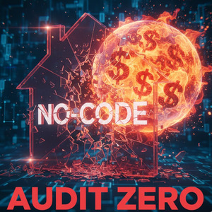 ブロックチェーンの背景で、「NO-CODE」と書かれたガラスの家がドルマークの炎に破壊される様子。「AUDIT ZERO」と警告表示され、ノーコードdAppのセキュリティリスクと監査ゼロの危険性、ラグプルの脅威を警告。