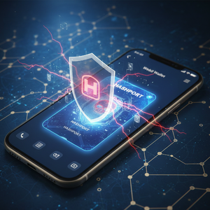 HashPort Walletを狙う詐欺NFT攻撃から資産を守るイメージ図。スマホ画面に表示されたドクロマーク付きの不審なNFT（フィッシング・トラップ）に対し、デジタルの盾がハッキングや不正署名をブロックする様子。2026年最新のWeb3セキュリティ対策と安全なウォレット管理の象徴。