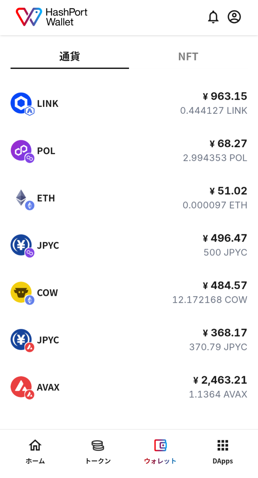 ウォレット画面：kana labsでSwapできたLINK(Arbitrum上)やCOW(Ethereum上)が見える