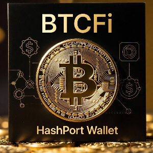 BTCFiとHashPort Walletの公式コラボレーション。輝く黄金のビットコインを中央に配置したプレミアムなBTCFi(ビットコインDeFi)プロモーション画像