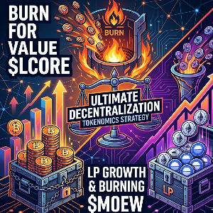 l分散化至上主義のTokenomics解説図。$LCOREのデッドアドレスへのバーンによる数学的信頼と、$MOEWのLP永久ロックによる組織的信頼を対比させ、AMMの仕組みを通じてコミュニティがトークン価値を蒸留する戦略を表現したインフォグラフィック画像。