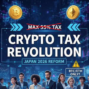 2026年日本の仮想通貨税制改正を解説するアイキャッチ画像。ビットコイン（BTC）とイーサリアム（ETH）のコイン、そしてビジネスパーソンたちが並び、「CRYPTO TAX REVOLUTION（仮想通貨税制革命）」や「BTC/ETH ONLY?（BTC/ETH限定？）」という英字テキストが配置された、分離課税20%への移行と最新の観測記事を象徴するデザイン。