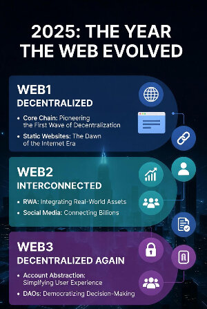 Web1 Web2 Web3 の違いと2025年現在のWeb進化を完全図解したインフォグラフィック。Webの歴史（Decentralized → Interconnected → Decentralized Again）をタイムラインで比較。RWA、Account Abstraction、DAO、Core Chainなど最新キーワードも掲載